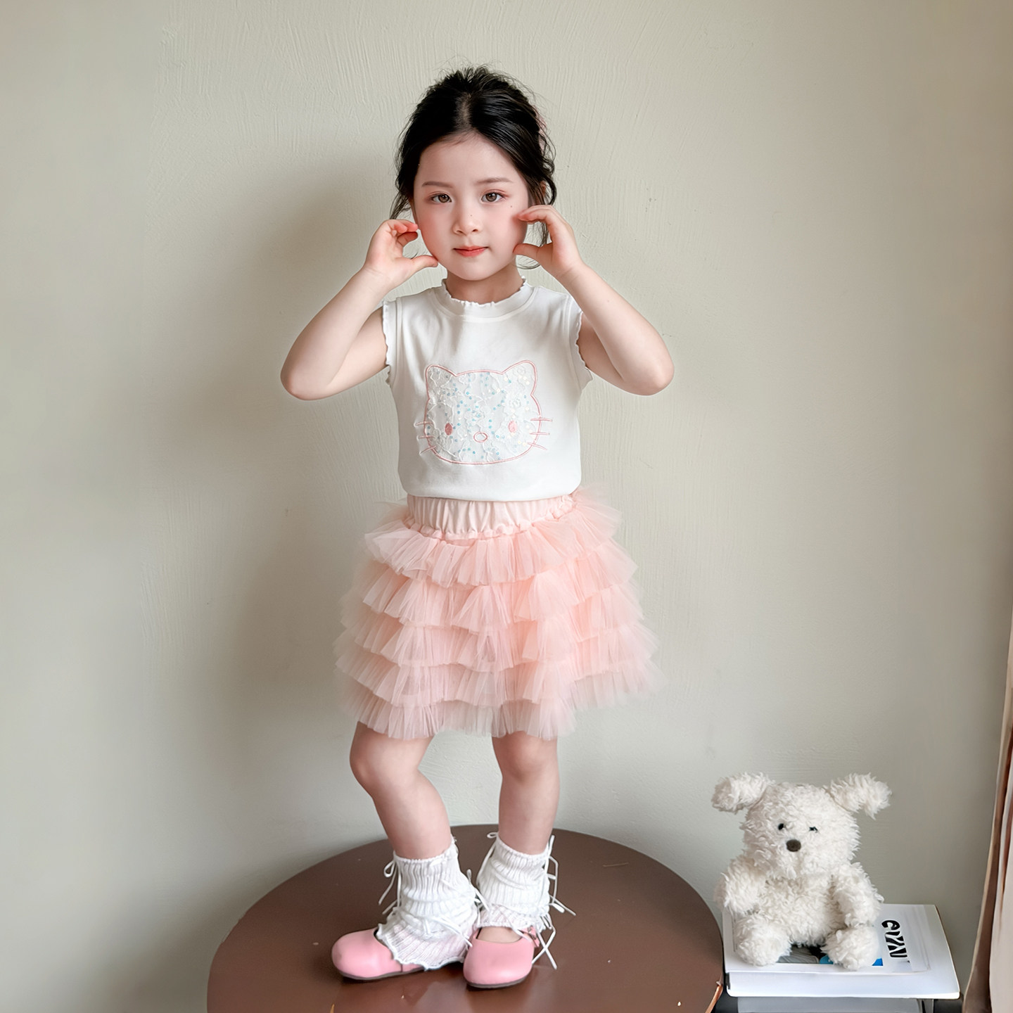 女童2026夏季卡通印花短袖网纱蛋糕裙两件套韩版洋气百搭休闲套装