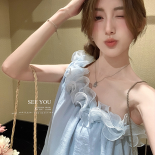 SEE 26年夏上新法式 气质木耳边斜肩花苞显瘦上衣小衫 261162C YOU