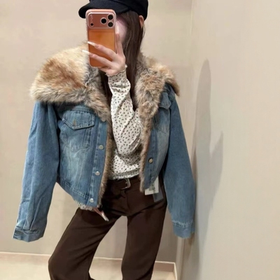 MISS KOREA-冬令毛毛领牛女冬2025年新款加厚短款牛仔外套WP1301