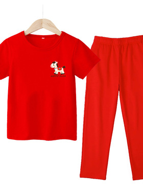 外贸跨境儿童喜庆演出服2026本命年衣服男童红色短袖长裤套装女童