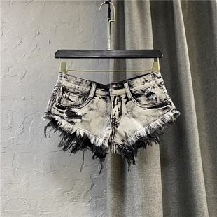 辣妹炸街破洞牛仔热裤露屁股低腰超模短裤热辣紧身超短裤走光超露