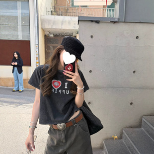 韩版bf高街水洗做旧正肩短袖t恤女夏季新款显瘦百搭辣妹短款上衣