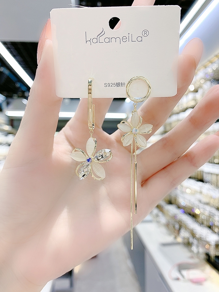 猫眼石花朵对称耳环纯银女