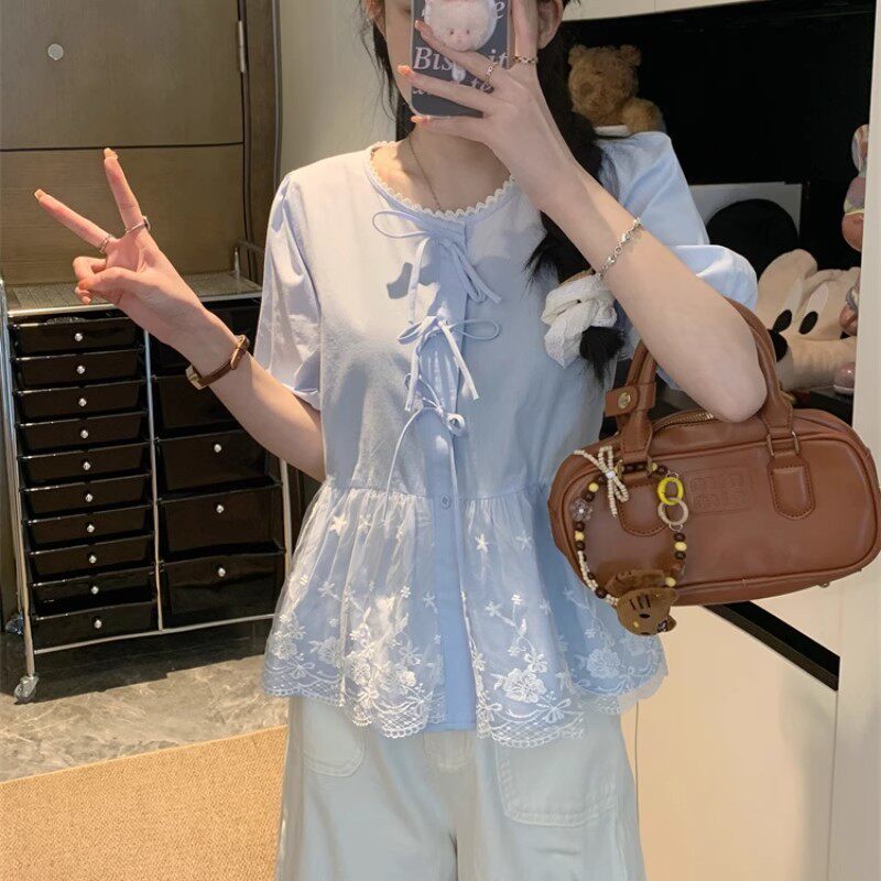 韩系chic别致穿搭夏季大码女装蕾丝拼接蝴蝶结泡泡袖衬衫