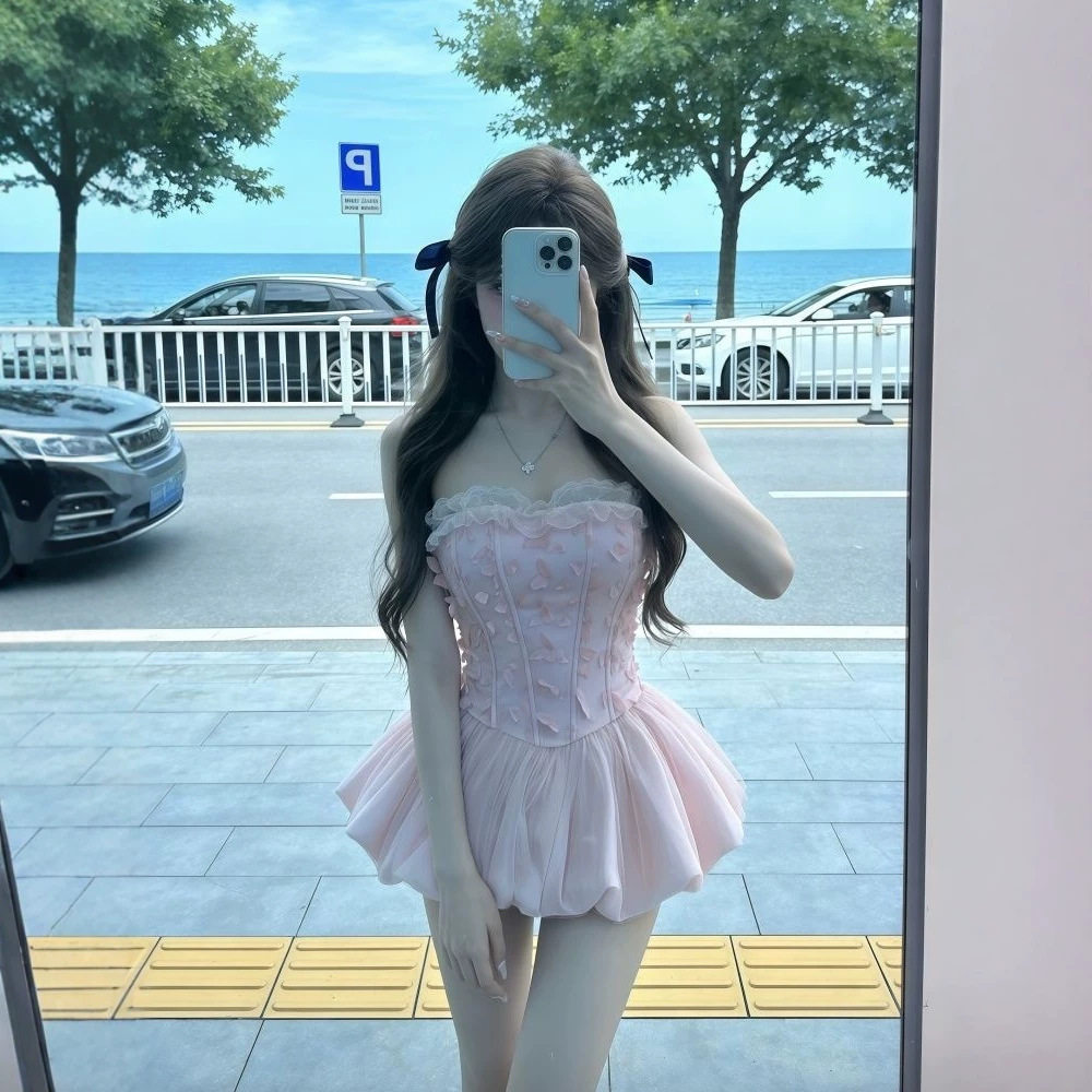 小众浪漫感甜美花苞裙女夏季新款绝美立体小蝴蝶收腰连衣裙公主裙