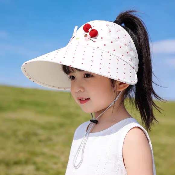 儿童防晒帽夏季女童扎马尾可折叠波点可爱大檐遮阳帽半空顶太阳帽