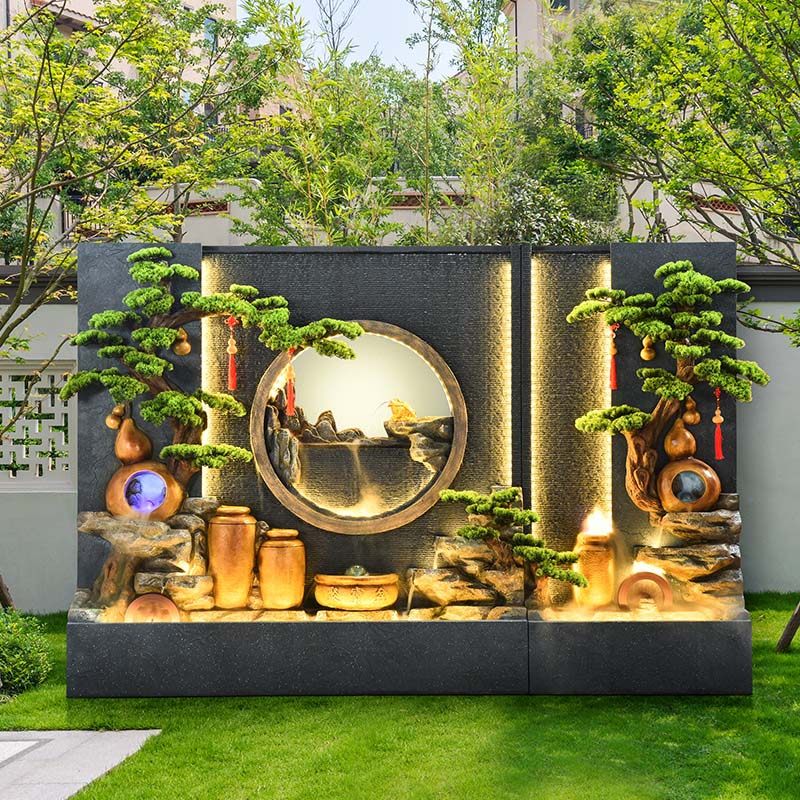 新中式庭院流水景观水泥材质水幕墙假山喷泉摆件 招财设计适用于