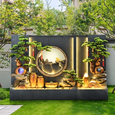 新中式庭院流水景观水泥材质水幕墙假山喷泉摆件 招财设计适用于