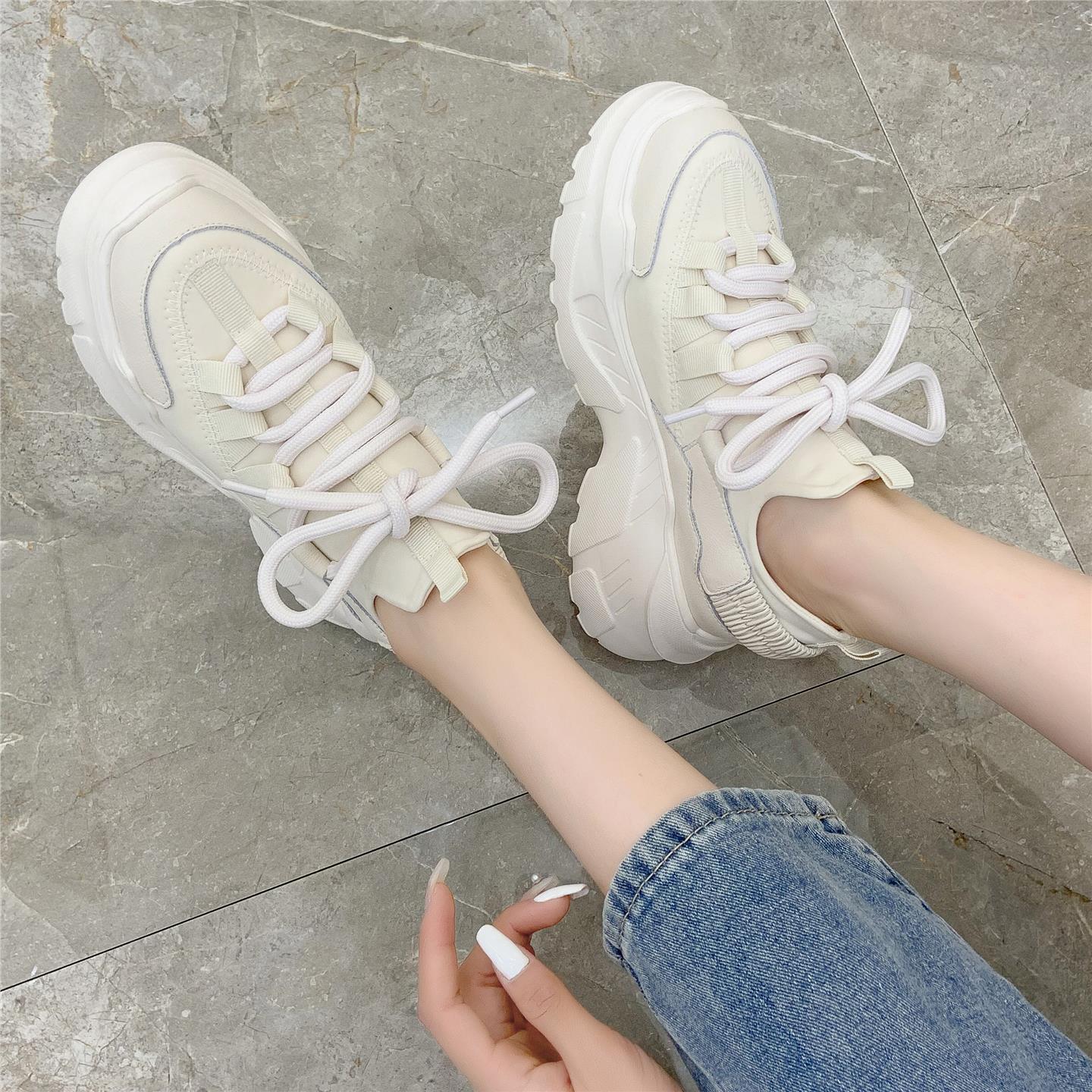 香港代购8cm内增高松糕厚底运动老爹鞋女2025秋季米色透气小白鞋