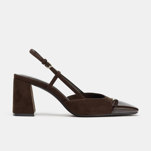 ZA粗跟方头穆勒鞋一字扣带凉拖鞋