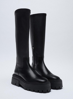 ZA黑色沟纹鞋底高筒长靴2025秋厚底不过膝长筒靴女粗跟显瘦骑士靴