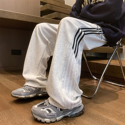 美式复古秋季三条杠百搭休闲宽松直筒卫裤男女情侣显瘦休闲裤子潮