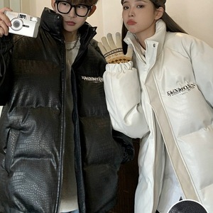 CODE 冬季韩式情侣鳄鱼纹棉服免洗PU立领皮衣面包服棉服外套棉袄