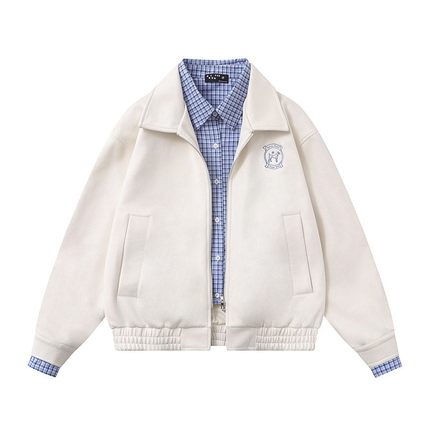 NTBF棒球服格子假两件麂皮绒开衫外套女春秋新款美式慵懒chic夹克