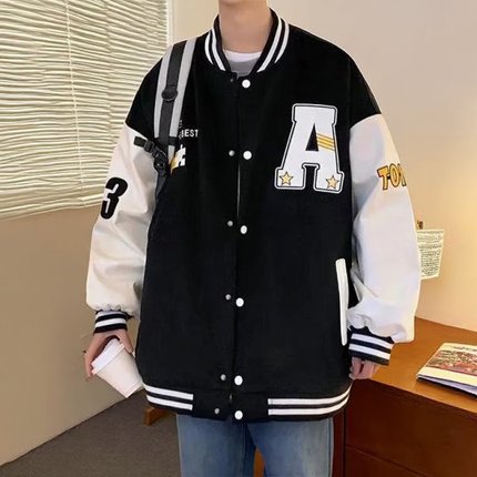 2026春季新款男士加绒棒球服休闲宽松字母刺绣上衣学生情侣装外套
