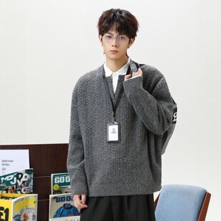 NTBF肌理小V领卫衣男女秋冬慵懒风宽松套头衫复古针织毛衣外套