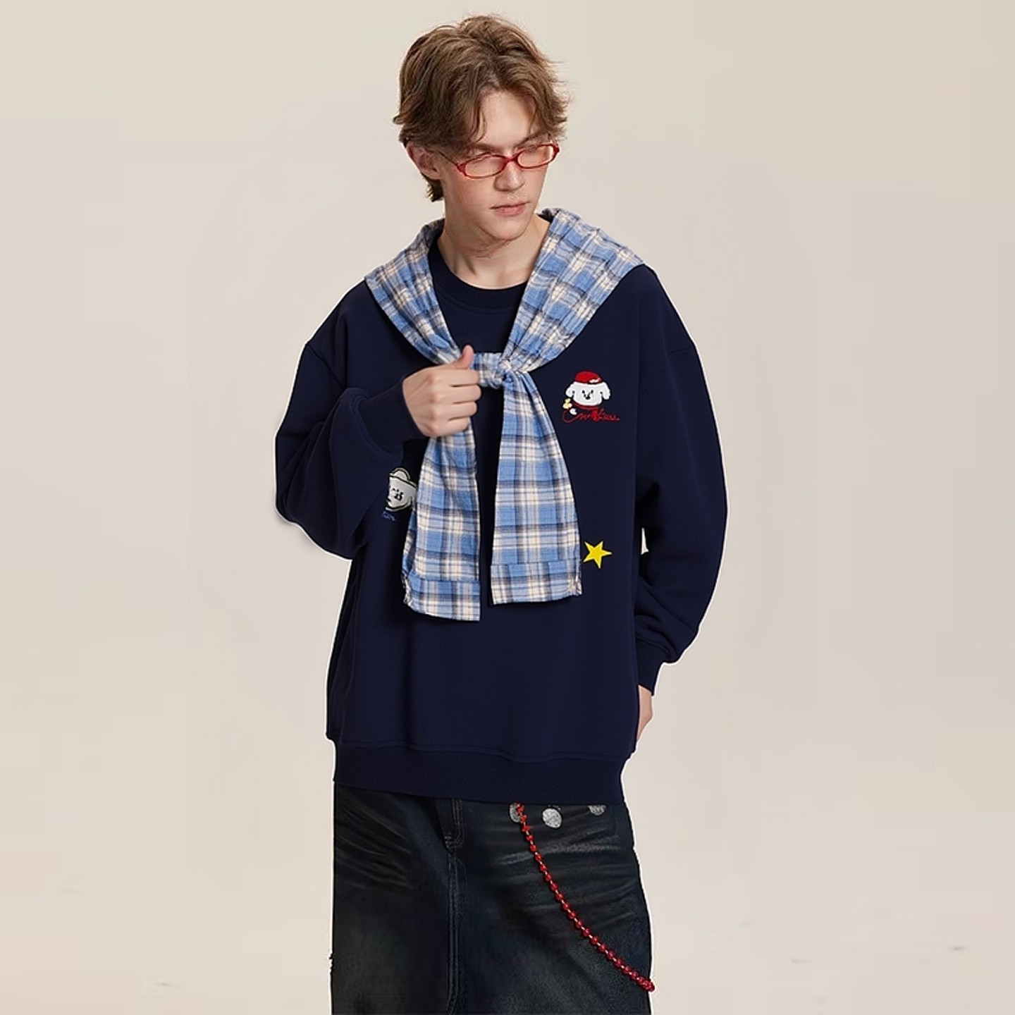 NTBF格子绑带可拆卸帽子套头卫衣男女秋季新款宽松休闲百搭上衣