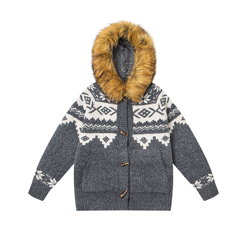 NTBF费尔岛毛衣可拆卸毛领牛角扣连帽25秋冬新款慵懒宽松针织外套