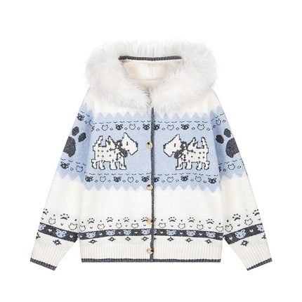 NTBF美式复古毛领连帽针织开衫秋冬新款弗尔岛小狗提花保暖款毛衣