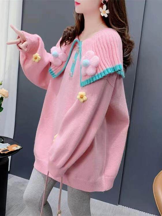 대형 지방 MM 200파운드 인형 칼라 두꺼운 스웨터 여성 가을 겨울 새로운 부드럽고 달콤한 느슨한 살을 덮는 스웨터