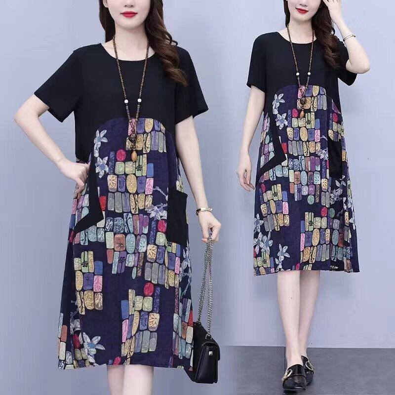 반팔 여성 라운드 넥 지방 MM 배꼽 덮는 드레스 여름 드레스 2024 새로운 플러스 사이즈 여성 드레스 슬리밍 지방 자매 스커트