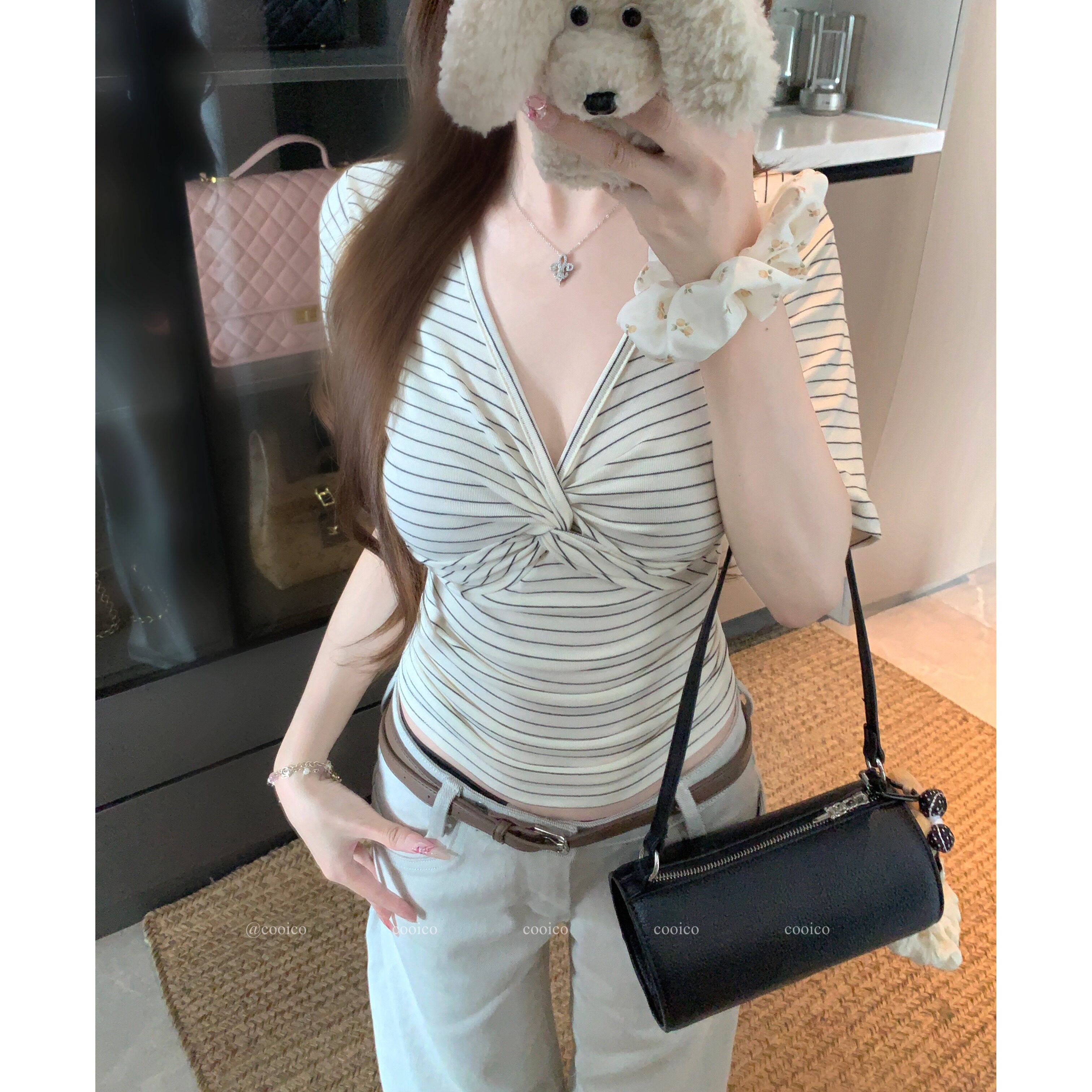 大码胖mm时尚辣妹条纹扭结V领短袖T恤女修身显瘦巨好看百搭上衣潮