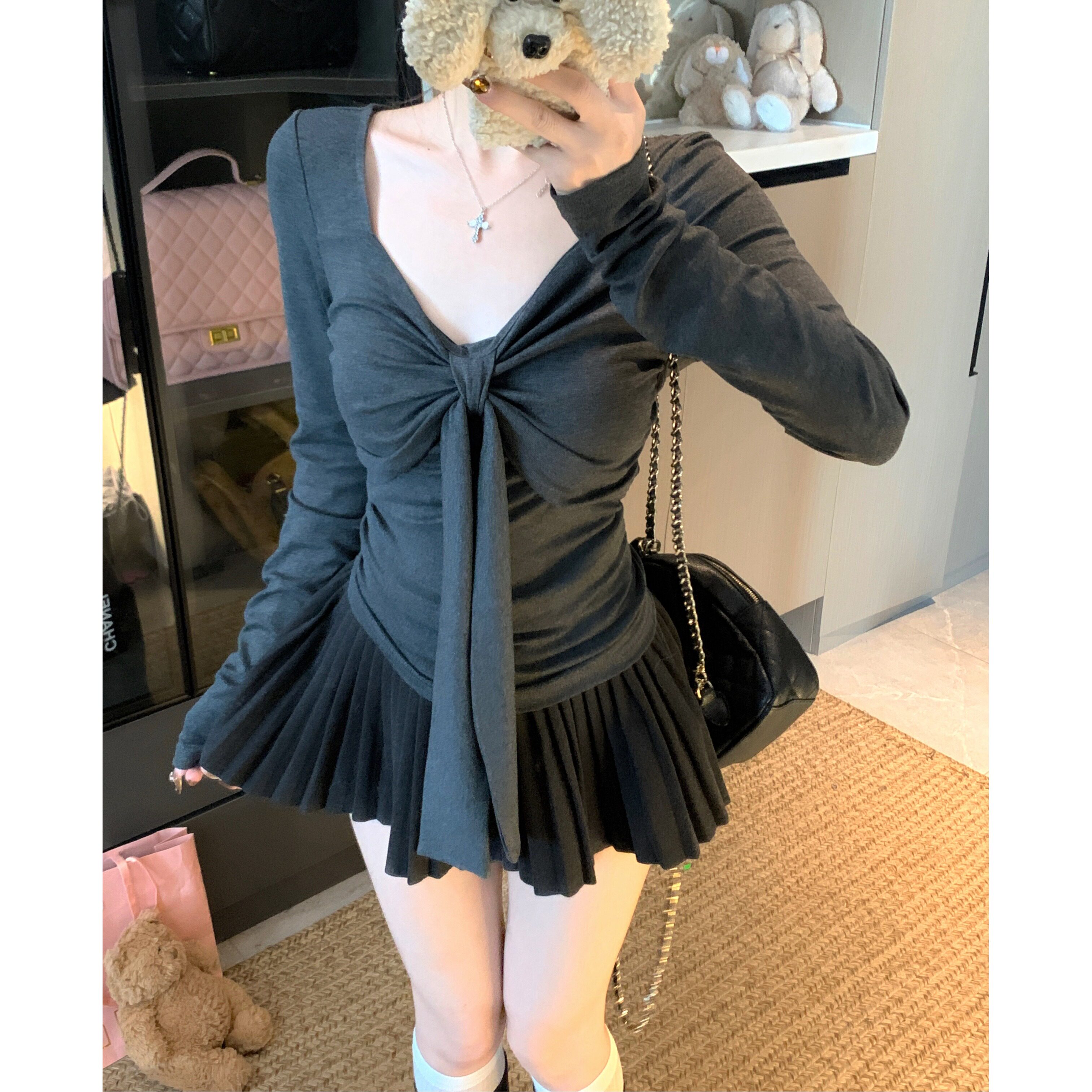 大码胖mm纯欲风系带蝴蝶结长袖T恤女早秋新款修身显瘦方领上衣潮