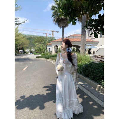 大码胖mm日系浪漫花边拼色吊带女外搭显瘦开衫+A字半身长裙三件套