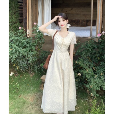 大码胖mm初恋白月光蕾丝拼接连衣裙子女夏新款气质超好看绝美长裙