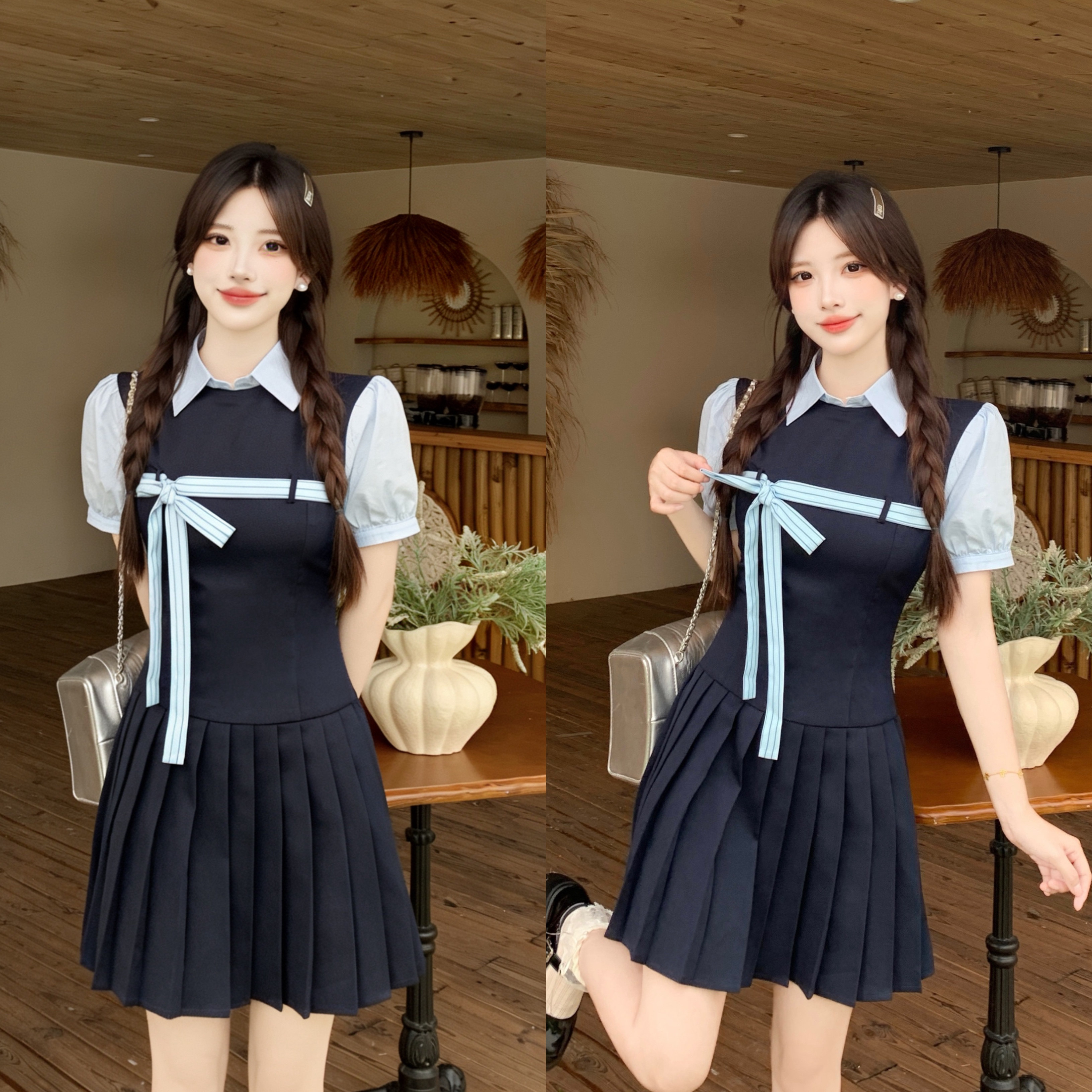 大码胖mm显瘦韩系假两件学院风miu系连衣裙女漂亮出片减龄百褶裙