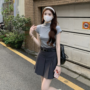 大码韩版休闲套装女夏季半高领正肩上衣T恤+灰色高腰百褶裙两件套