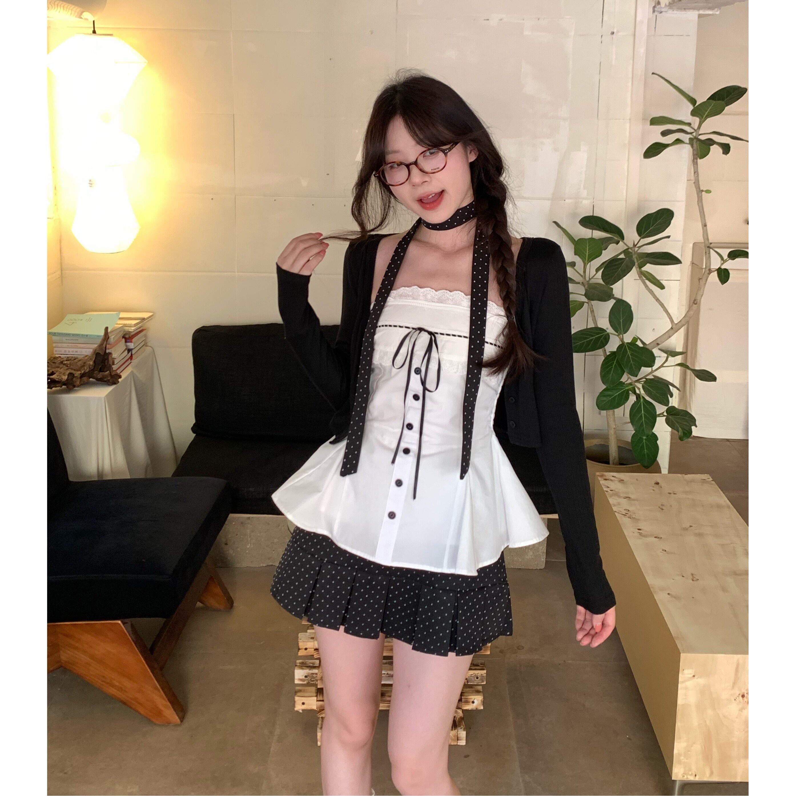 胖mm韩系小个子超好看开衫甜美抹胸上衣女高腰波点百褶短裙三件套