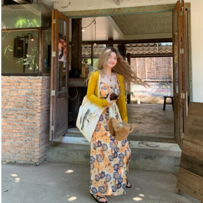 大码胖mm气质绝美印花吊带连衣裙女夏季新款拍照超仙度假碎花长裙