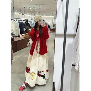 大码 高腰半身裙显瘦三件套 胖mm甜美风红色绑带针织开衫 女叠穿T恤