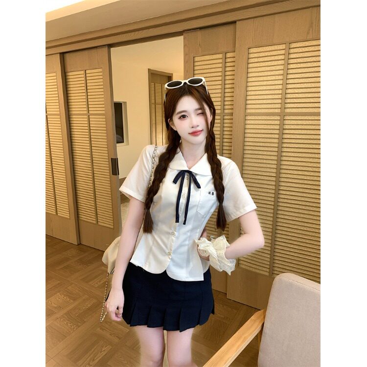大码胖mm韩系学院风jk掐腰花瓣摆衬衫上衣女百搭半身裙时尚两件套
