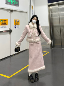 大码胖mm小香风毛毛翻领绒拼接长袖外套女冬新款高腰半身裙两件套