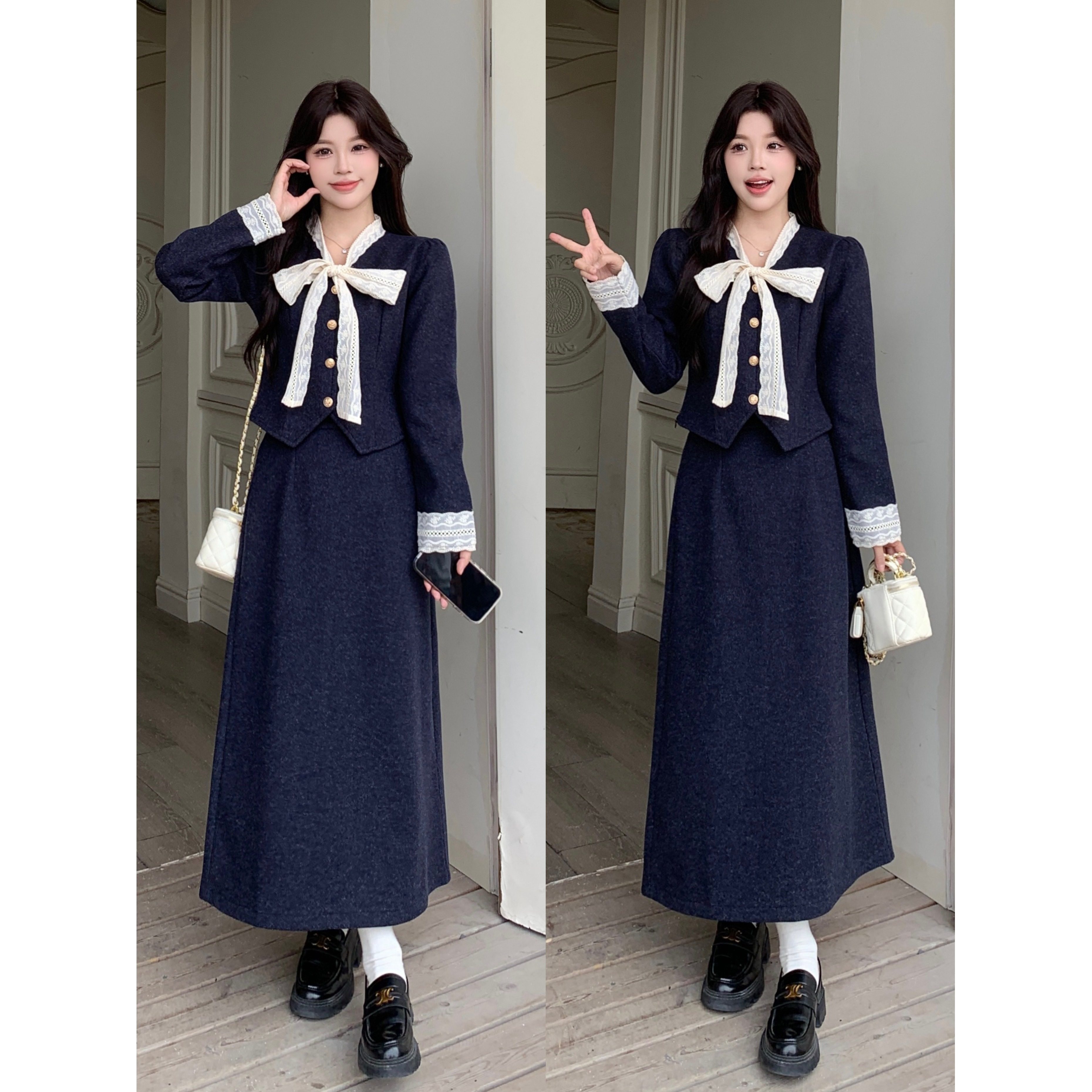 胖mm韩系显瘦蝴蝶结系带上衣女冬季新款小香风巨好看高腰半裙套装