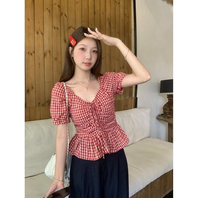 大码胖mm韩系褶皱V领格子衬衫女夏季新款遮肉显瘦荷叶边百搭上衣