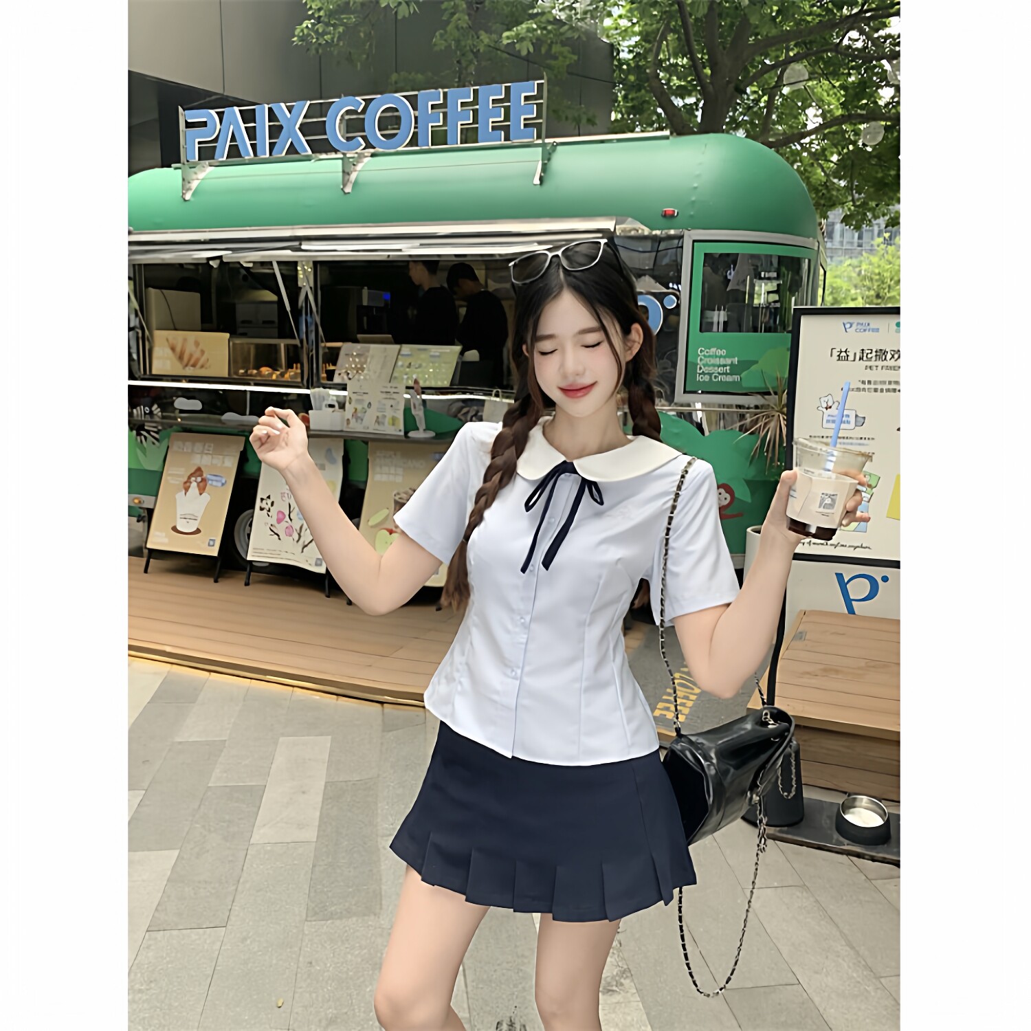新势力时尚女装 甜美jk收腰短袖衬衫女学院风百褶裙显瘦两件套装