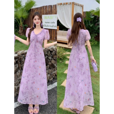大码胖mm紫霞仙子晕染碎花连衣裙女夏季新款独特漂亮巨显瘦茶歇裙
