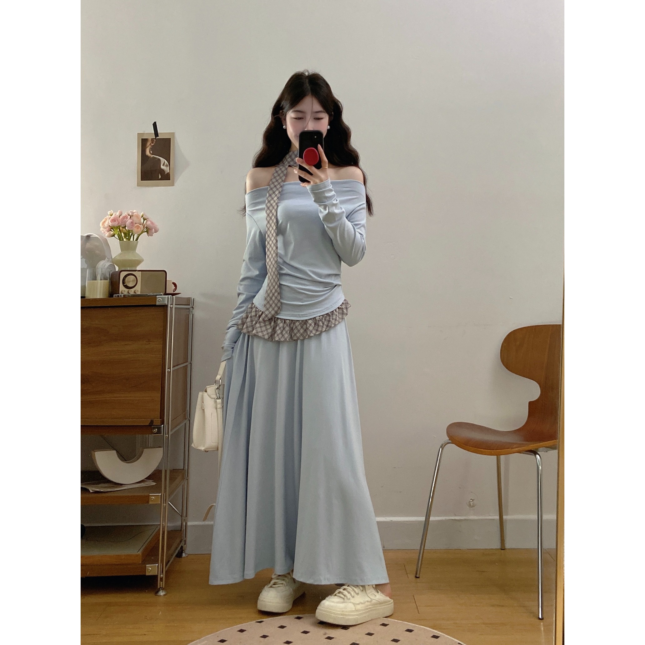 大码胖mm纯欲风撞色拼接一字肩T恤女春季新款显瘦高腰半身裙套装