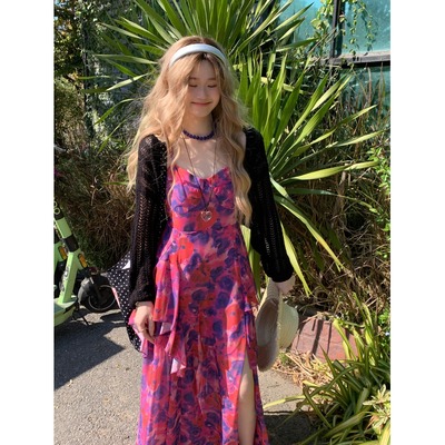 大码胖mm温柔风碎花荷叶边吊带连衣裙女夏季新款减龄开叉绝美长裙