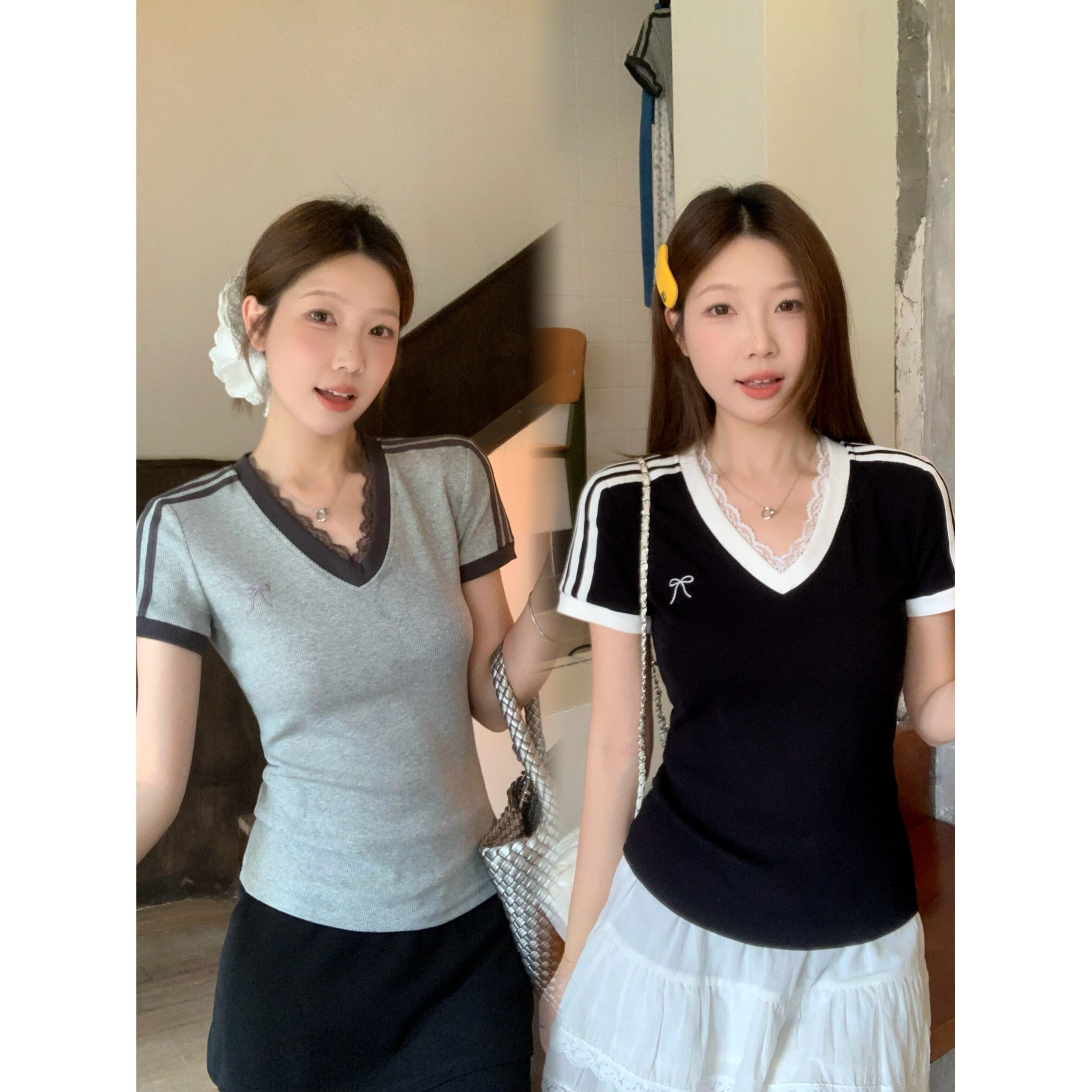 大码胖mm韩式运动辣妹风V领撞色短袖T恤女修身显瘦绝美蕾丝小上衣