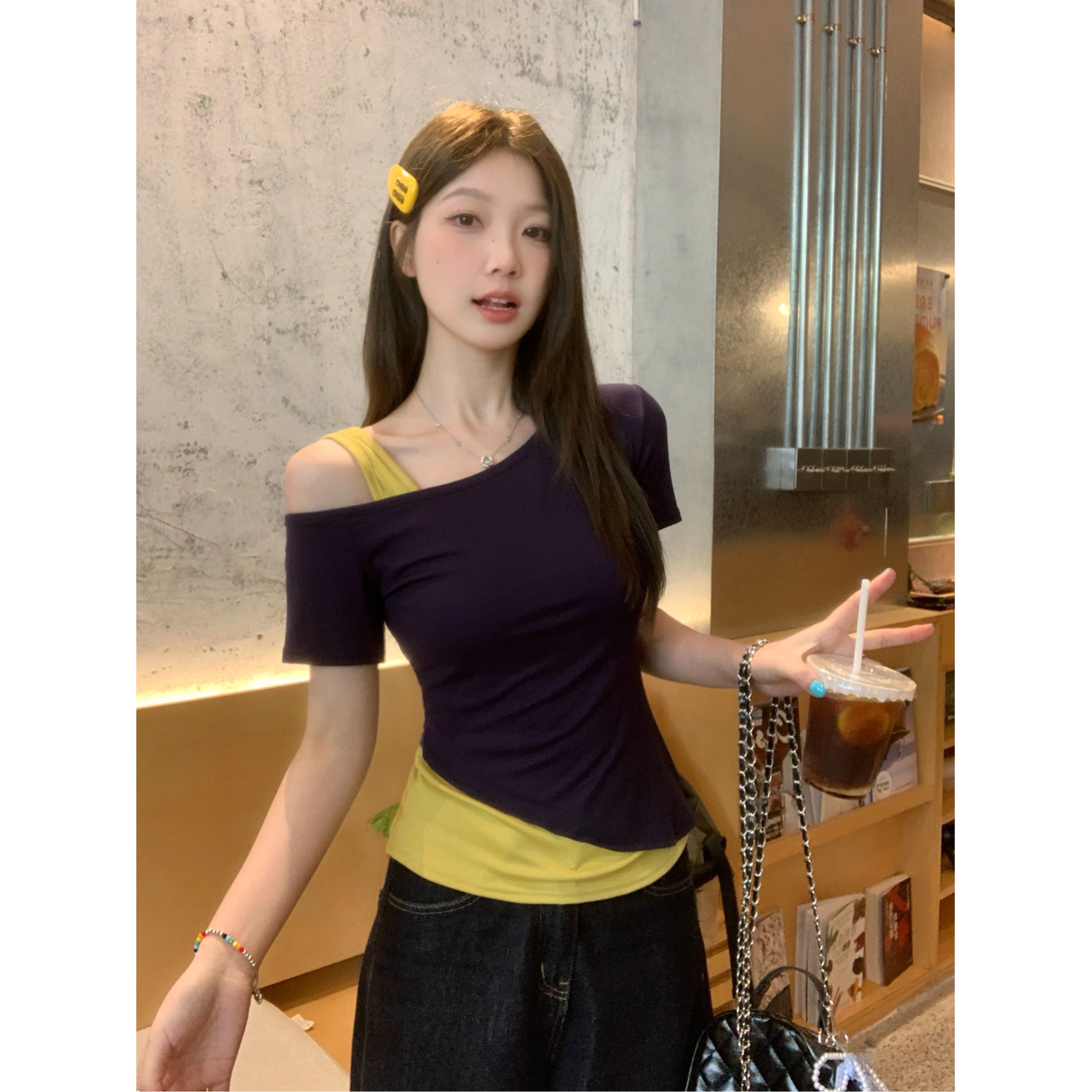胖mm纯欲风假两件短袖T恤女夏季新款时尚洋气修身显瘦露肩上衣ins