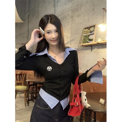 大码胖mm复古格纹拼接假两件长袖衬衫女春季新款独特气质撞色上衣