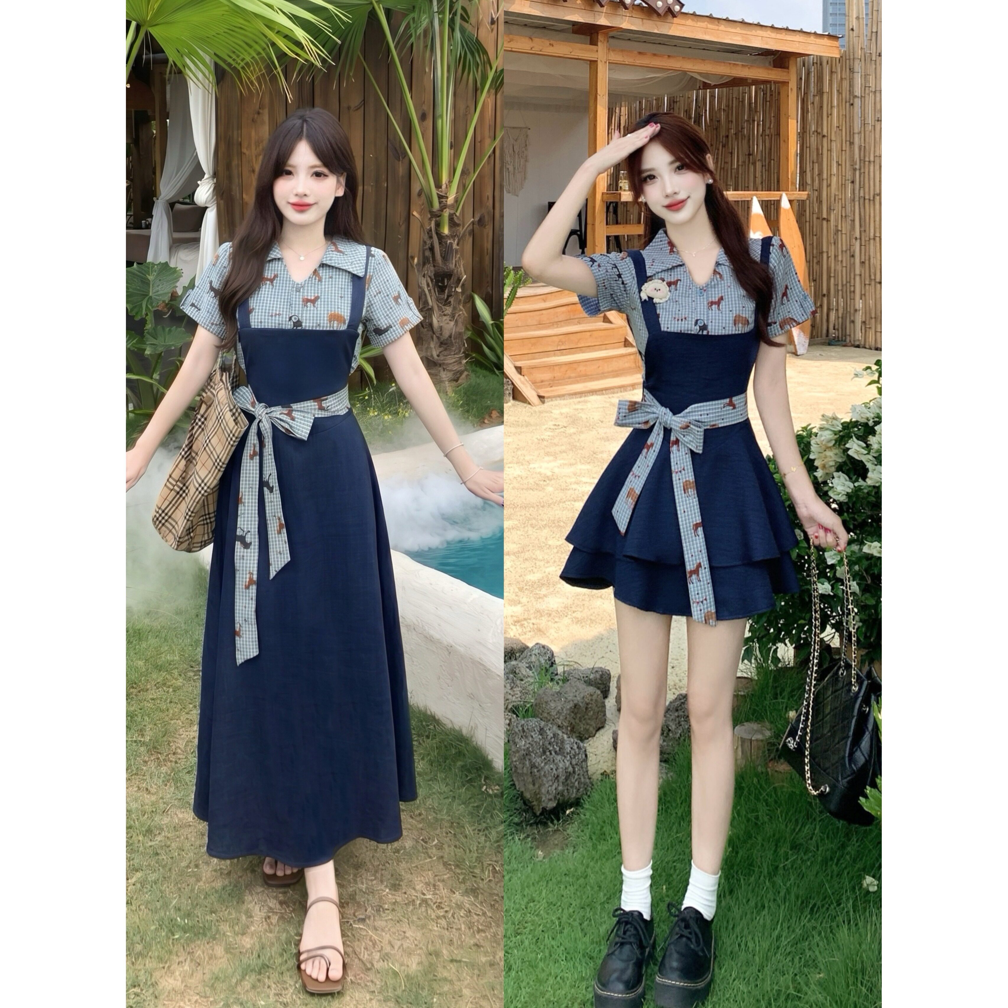 胖mm甜美俏皮印花收腰格子可爱上衣女巨显瘦背带连衣裙时尚两件套