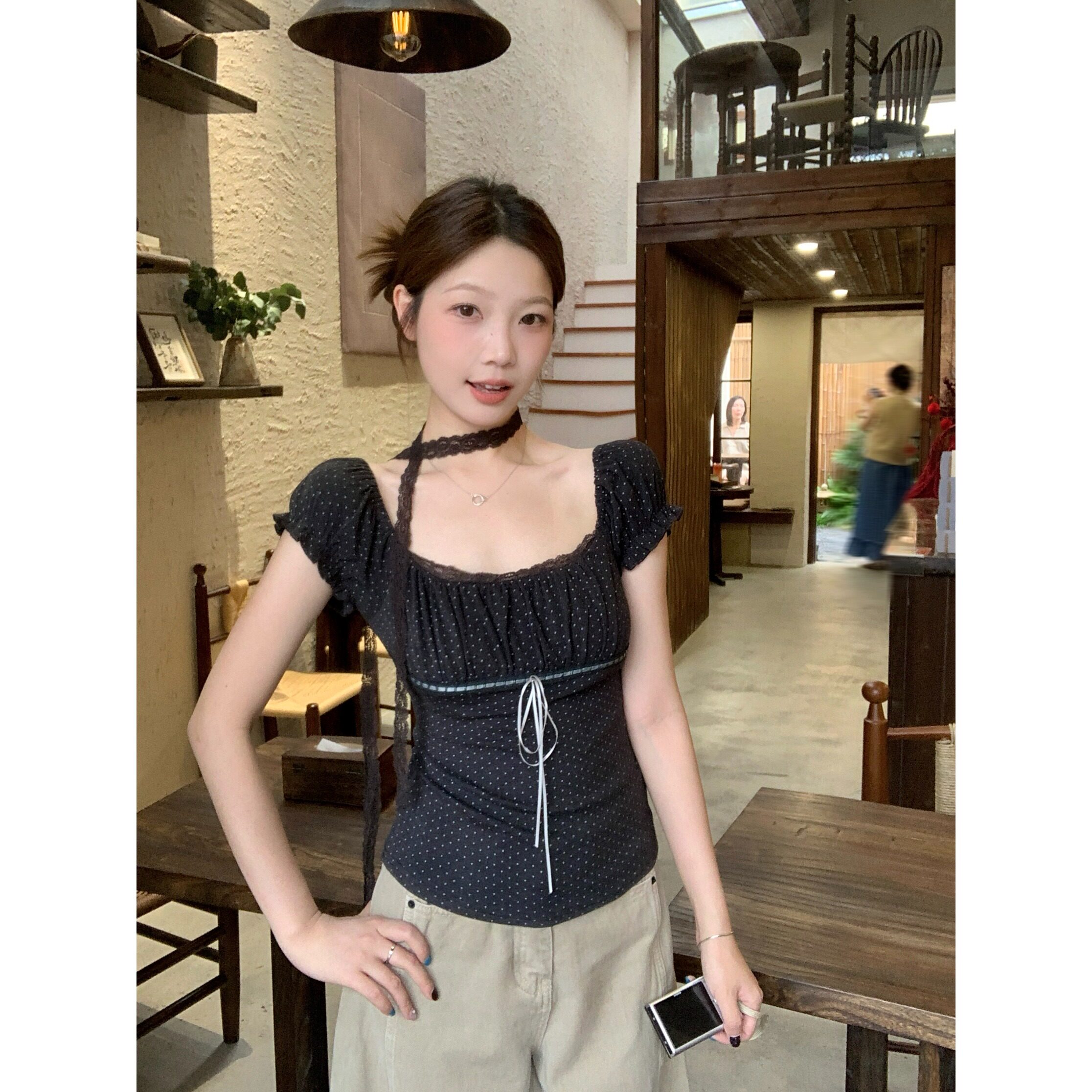 大码胖mm纯欲风U领飘带波点泡泡袖T恤女甜辣穿搭掐腰显瘦上衣小衫