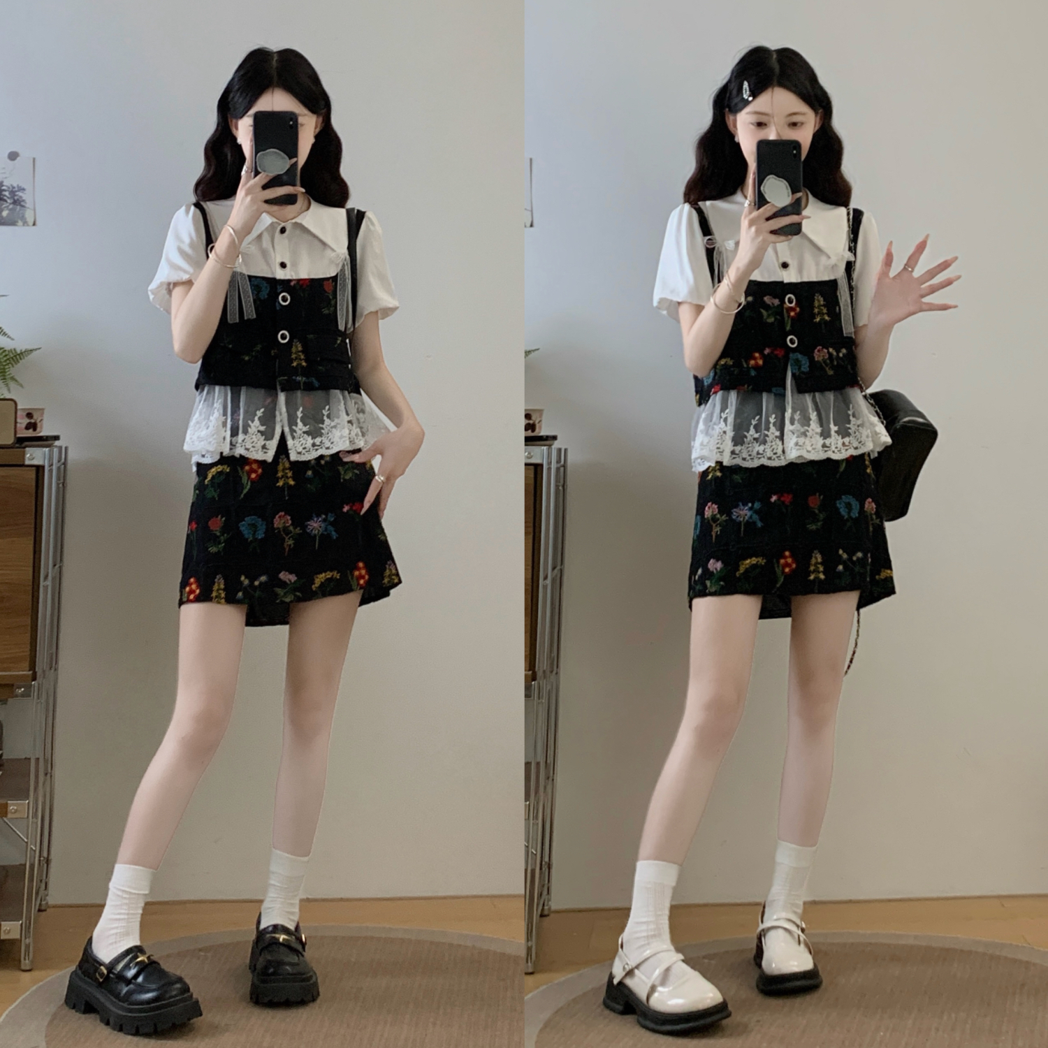 大码胖mm今年超流行蕾丝拼接马甲衬衫女遮肚高腰半身裙显瘦两件套