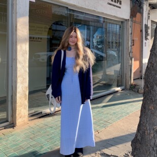 大码胖mm复古小清新格子吊带连衣裙女春夏新款外搭开衫显瘦两件套