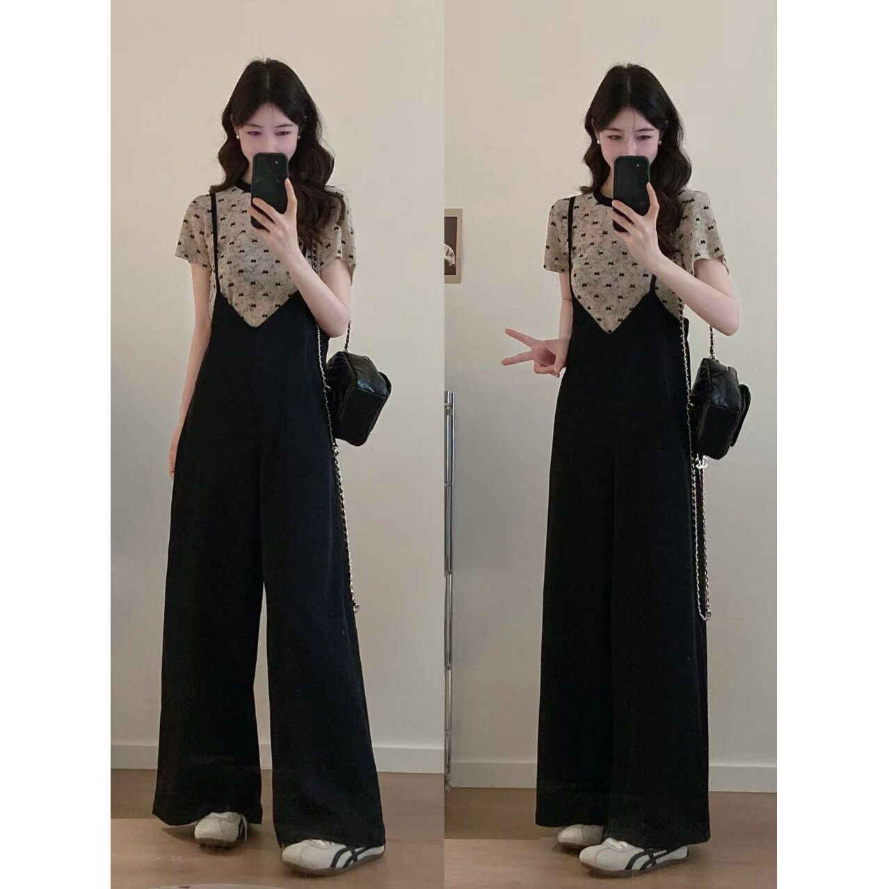 大码胖mm韩系气质通勤减龄印花短袖T恤女休闲连体背带裤两件套装